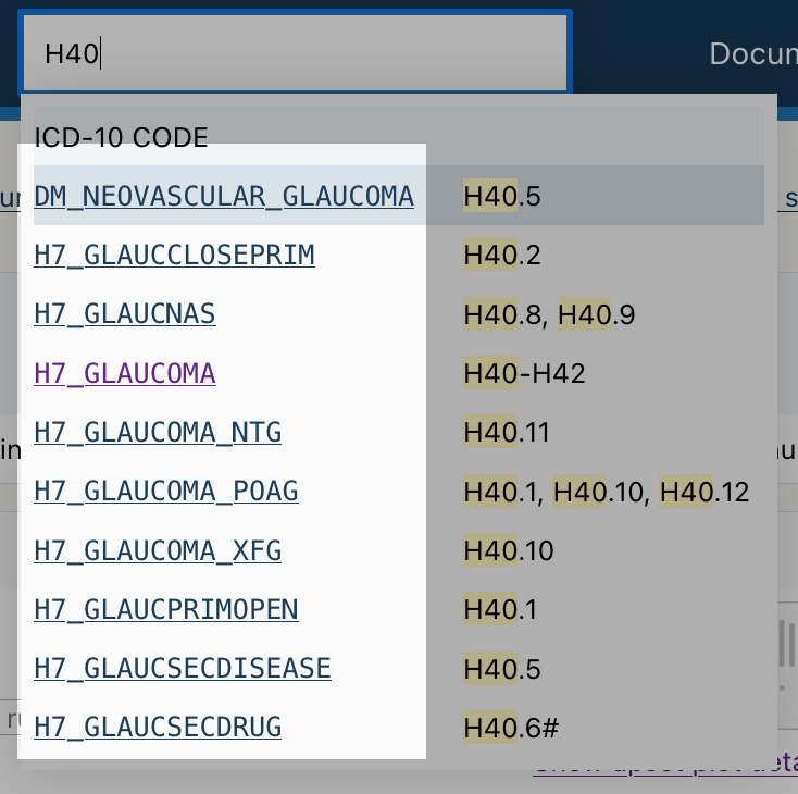 screenshot of ICD search results